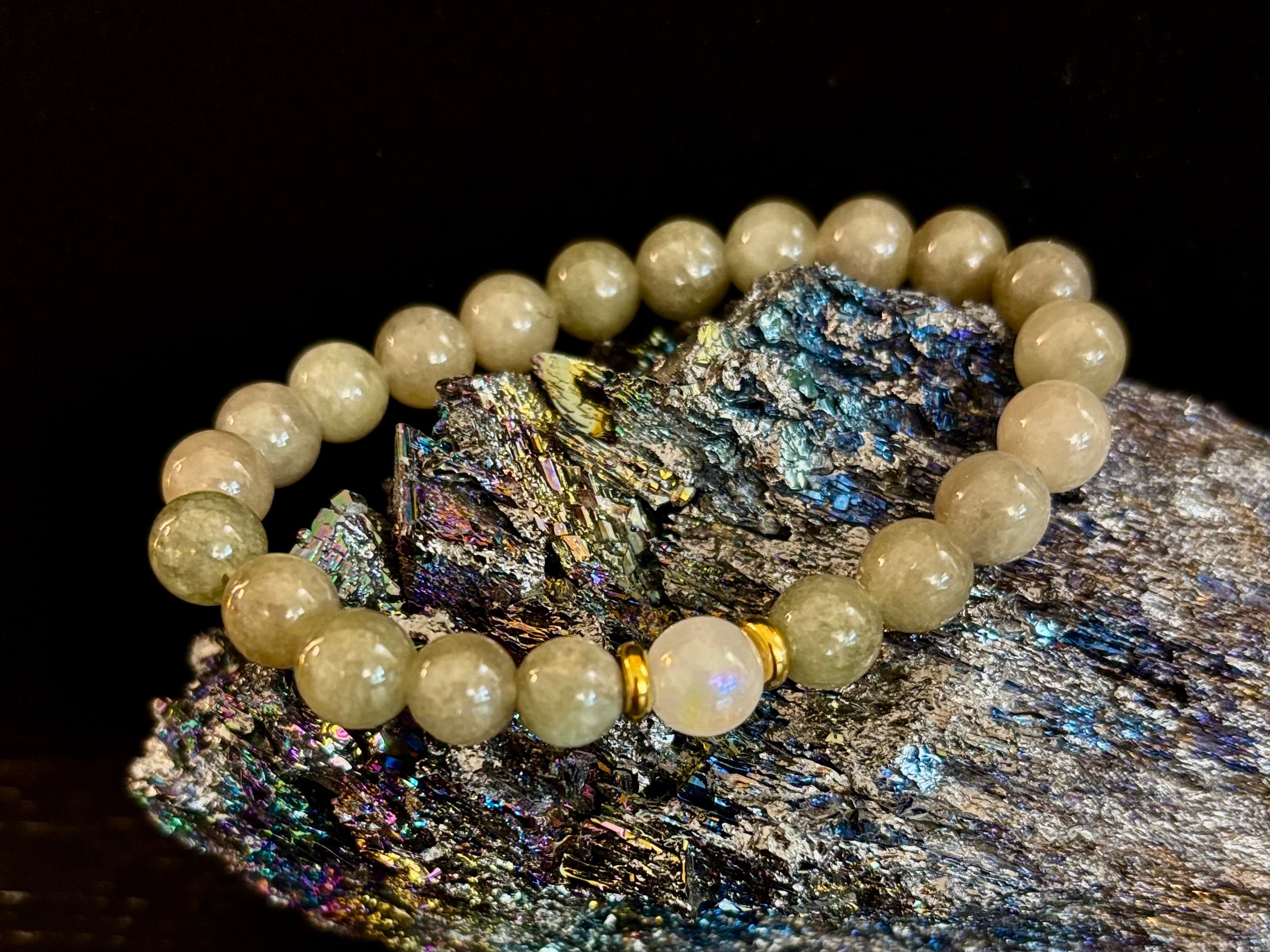 Jade & Moonstone Bracelet – 8mm Natural Gemstone (Small–Medium Wrist) | Luck, Calm & New Beginnings