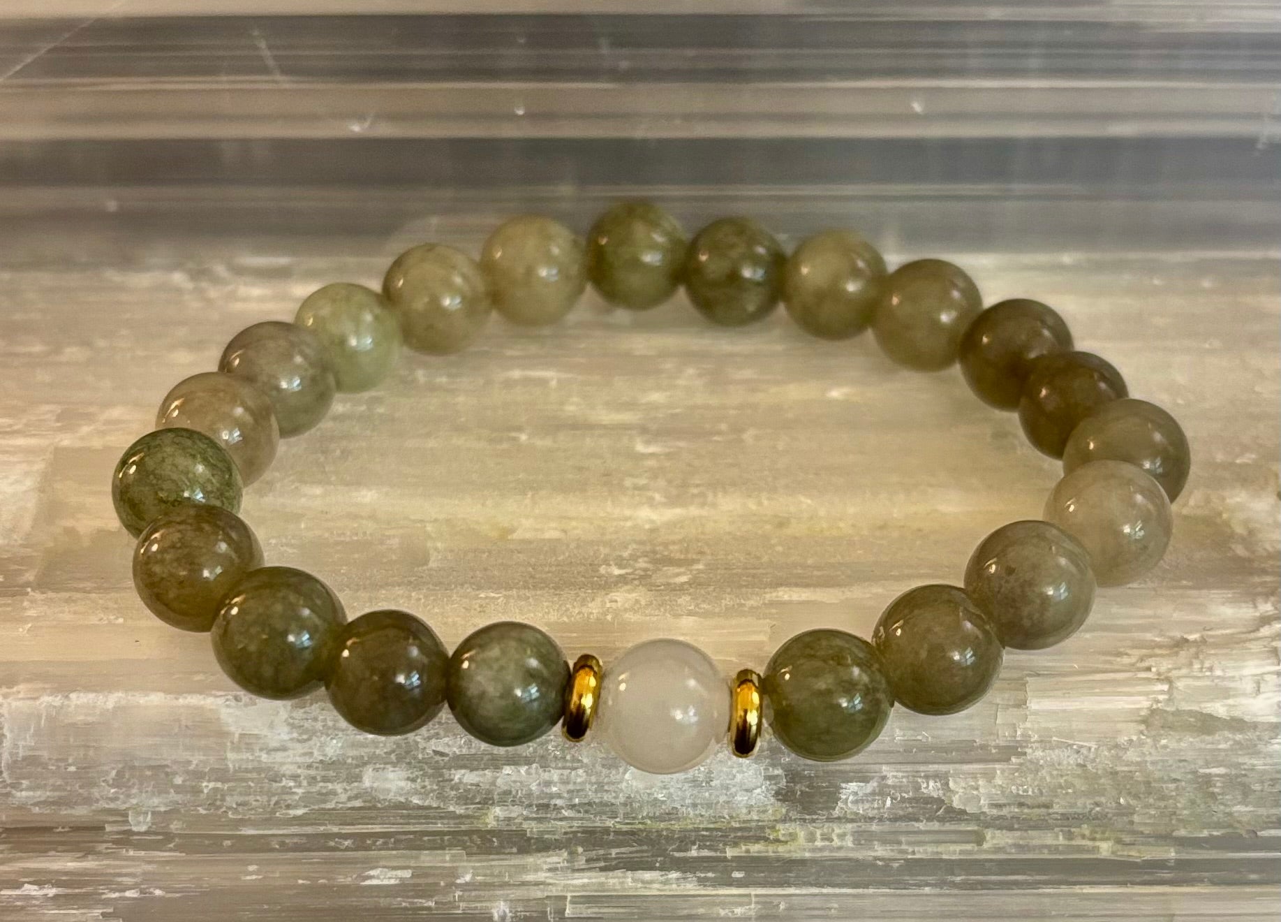 Jade & Moonstone Bracelet – 8mm Natural Gemstone (Small–Medium Wrist) | Luck, Calm & New Beginnings