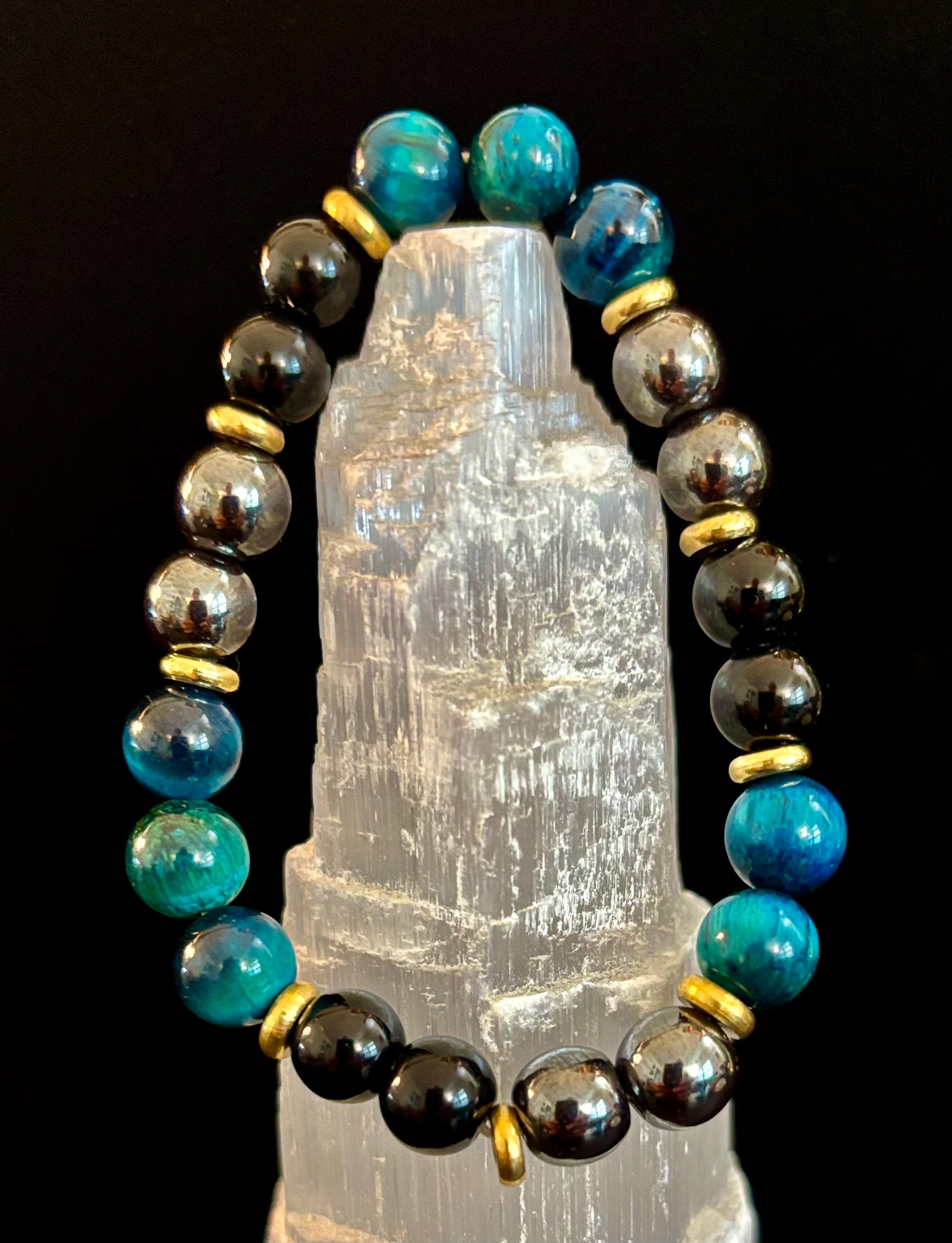 Blue Tiger Eye + Hematite + Onyx Bracelet – Anxiety Relief, Strength & Focus (8mm • Medium Wrist)