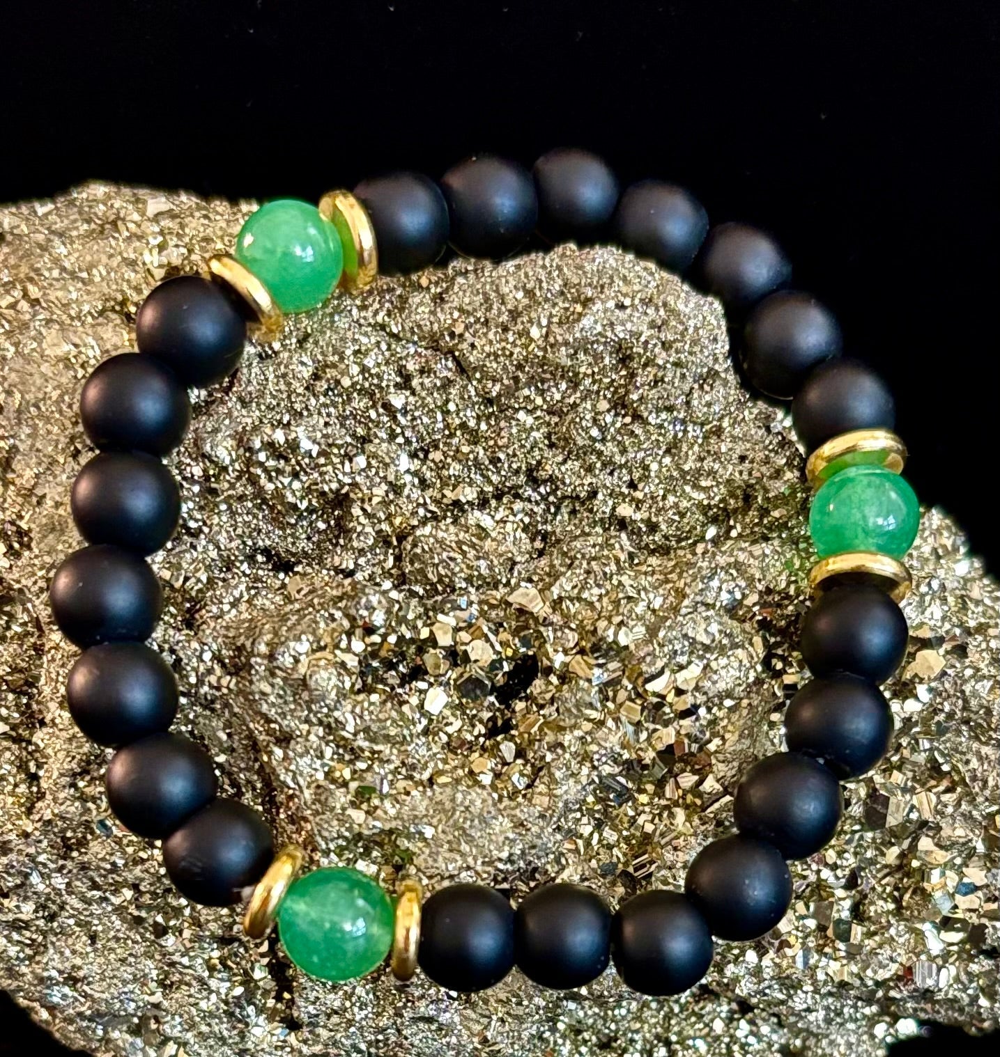 Matte Black Onyx & Green Aventurine Reiki-Infused Abundance & Grounding Bracelet (Medium–Large Wrist)