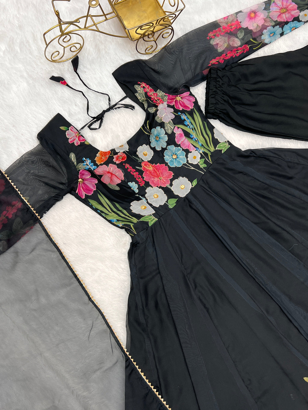 Black Floral Print Organza Silk Flared Anarkali Pant Set