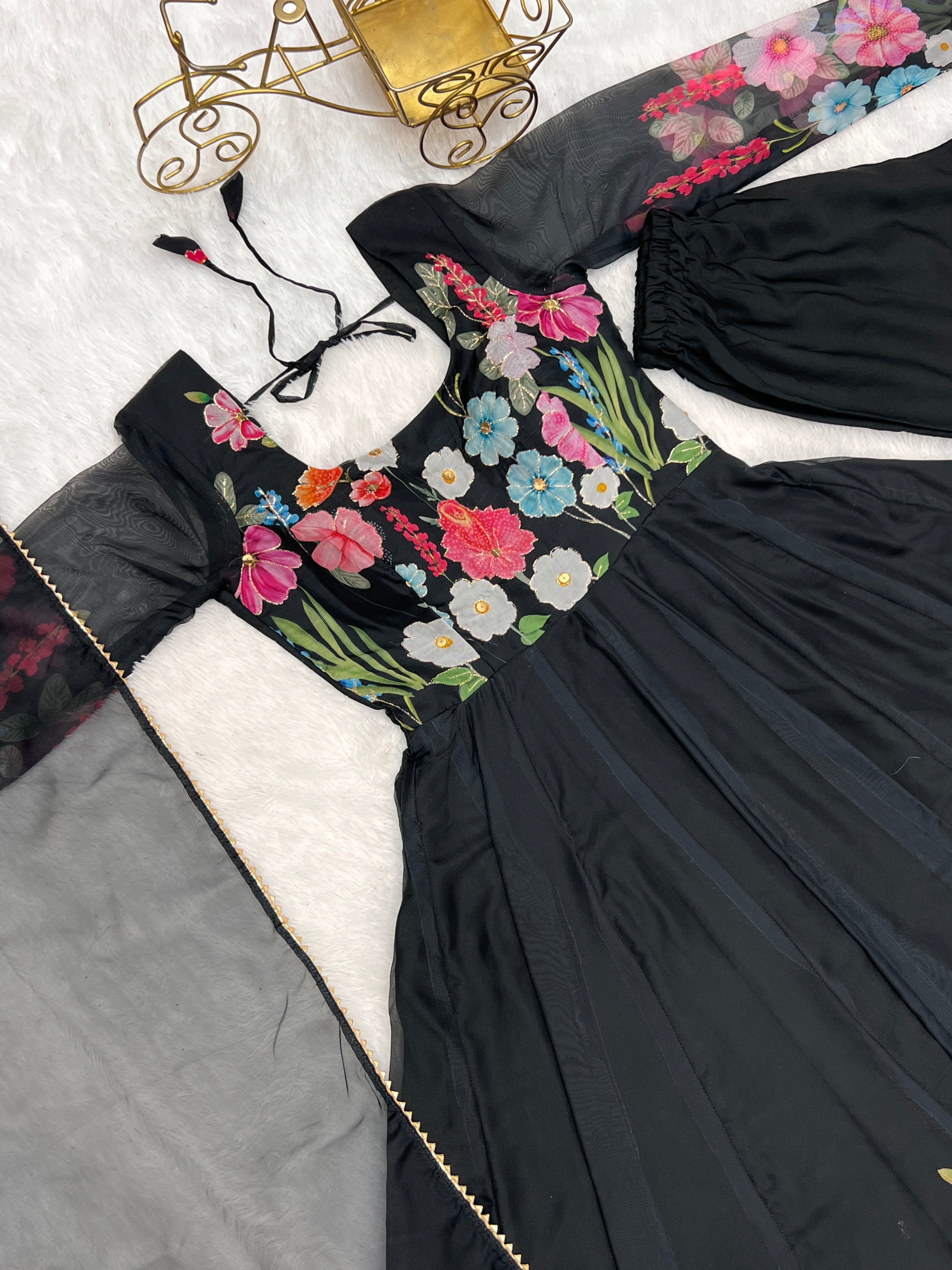 Black Floral Print Organza Silk Flared Anarkali Pant Set