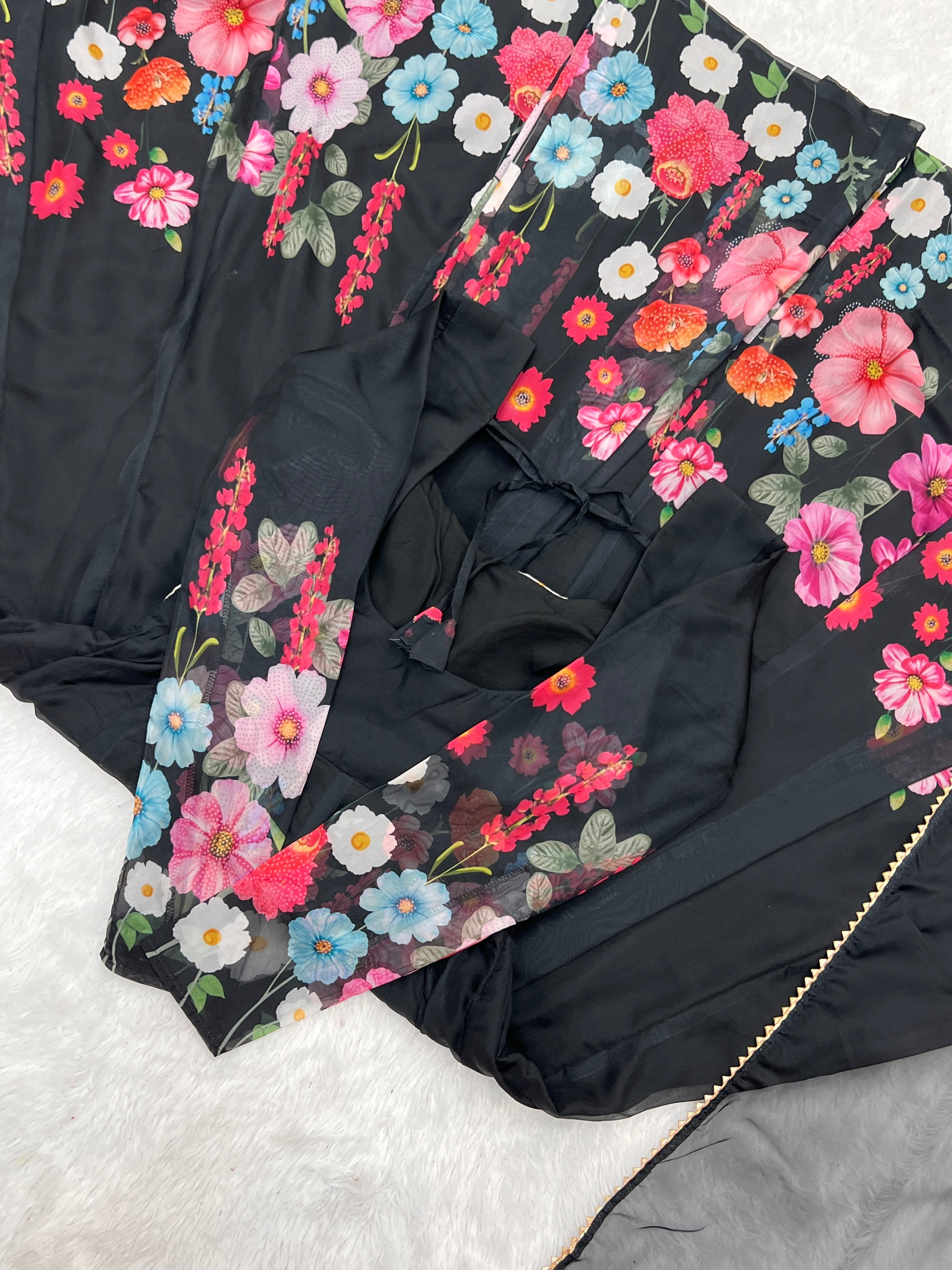 Black Floral Print Organza Silk Flared Anarkali Pant Set