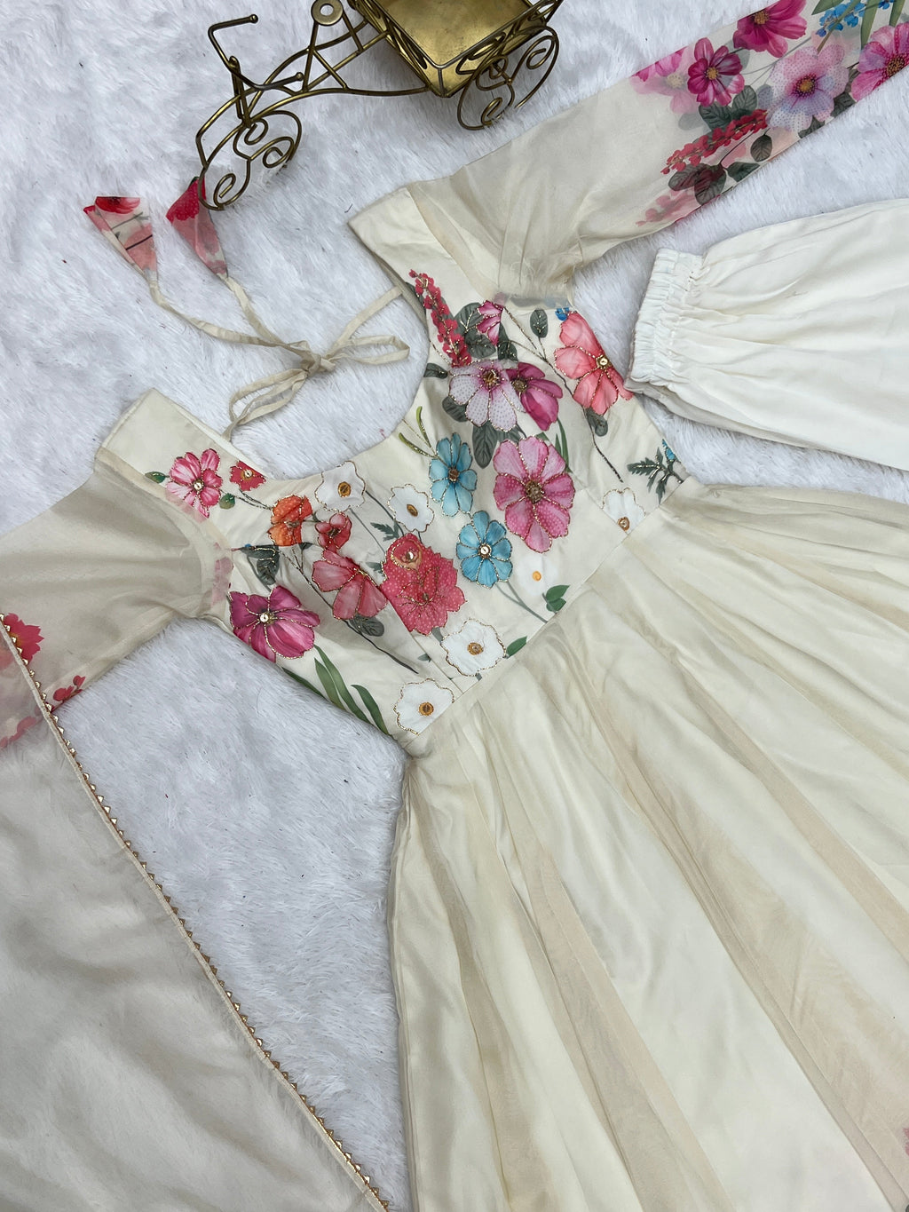 Cream Floral Print Organza Silk Flared Anarkali Pant Set