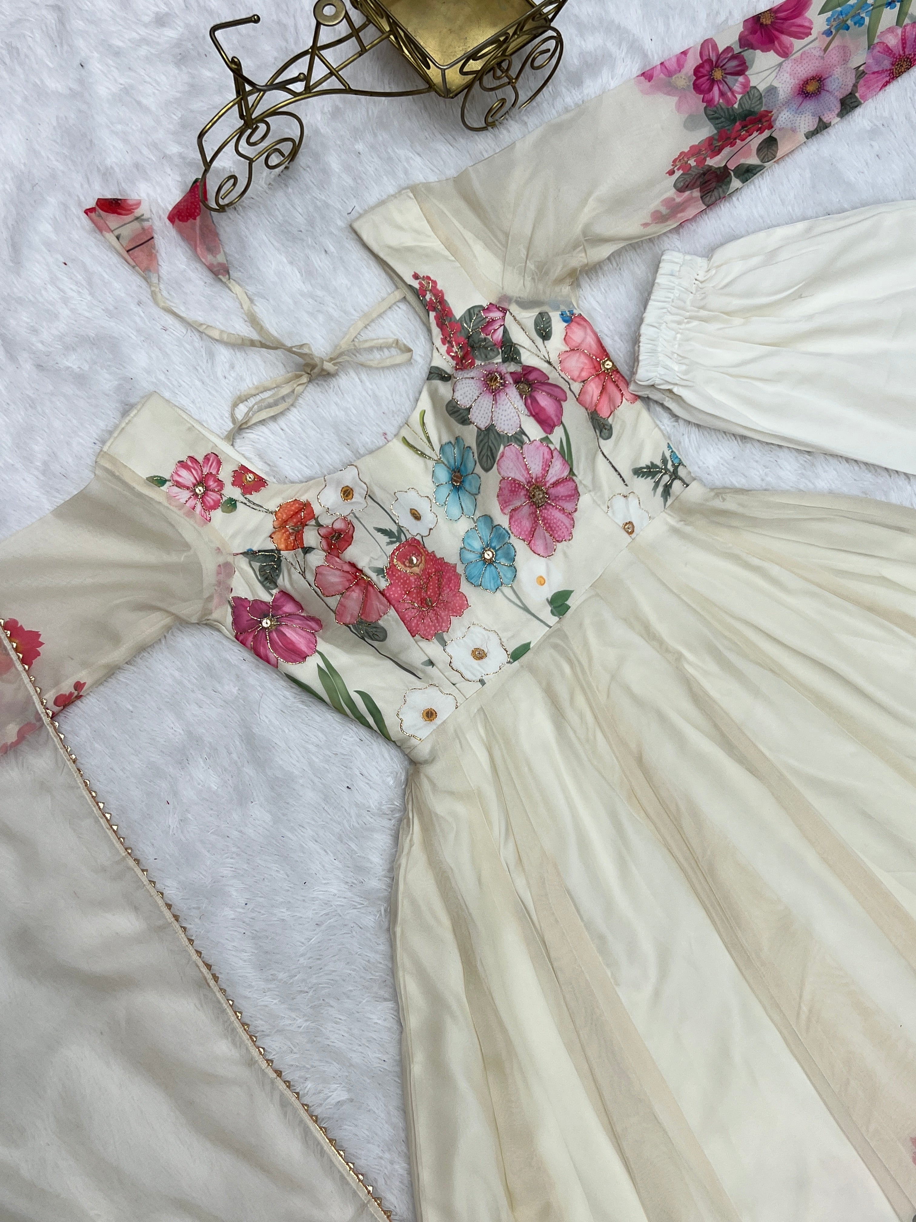 Cream Floral Print Organza Silk Flared Anarkali Pant Set