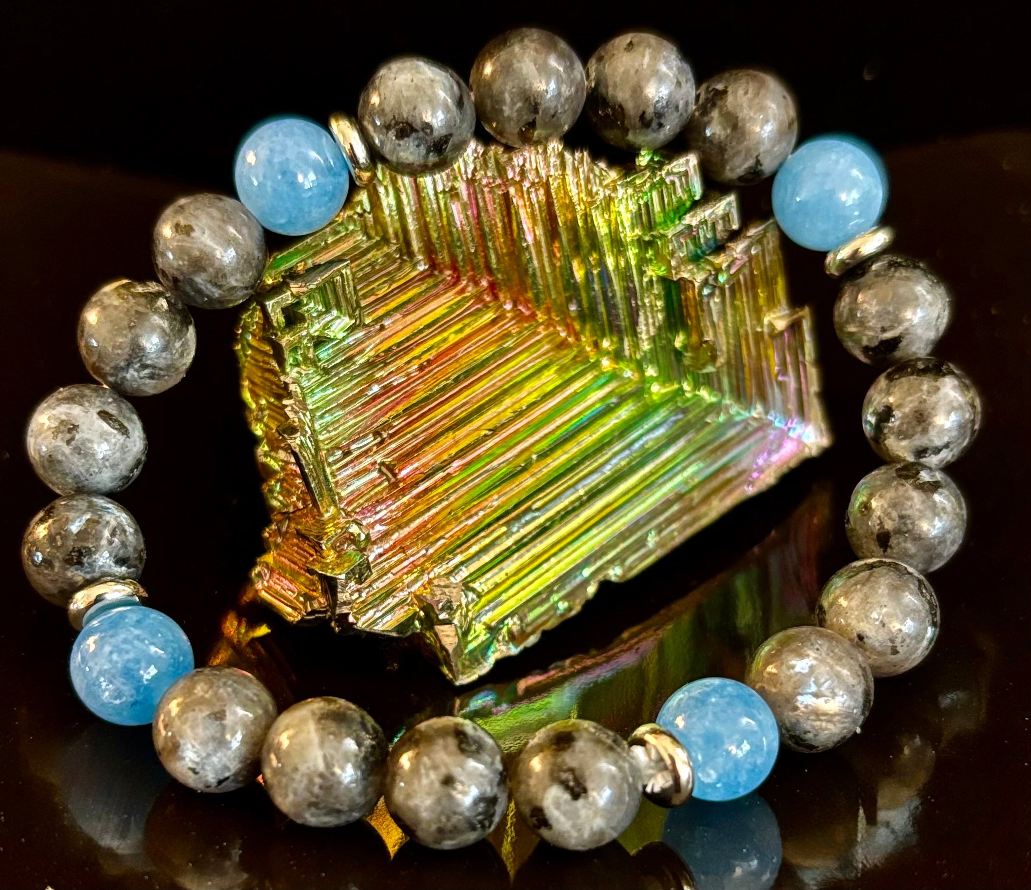 Black Labradorite & Aquamarine Beaded Bracelet – Protection, Calm & Clarity