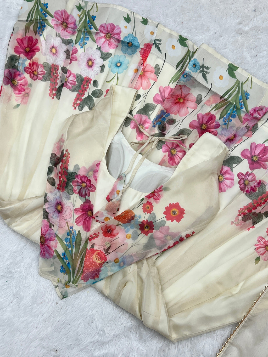 Cream Floral Print Organza Silk Flared Anarkali Pant Set