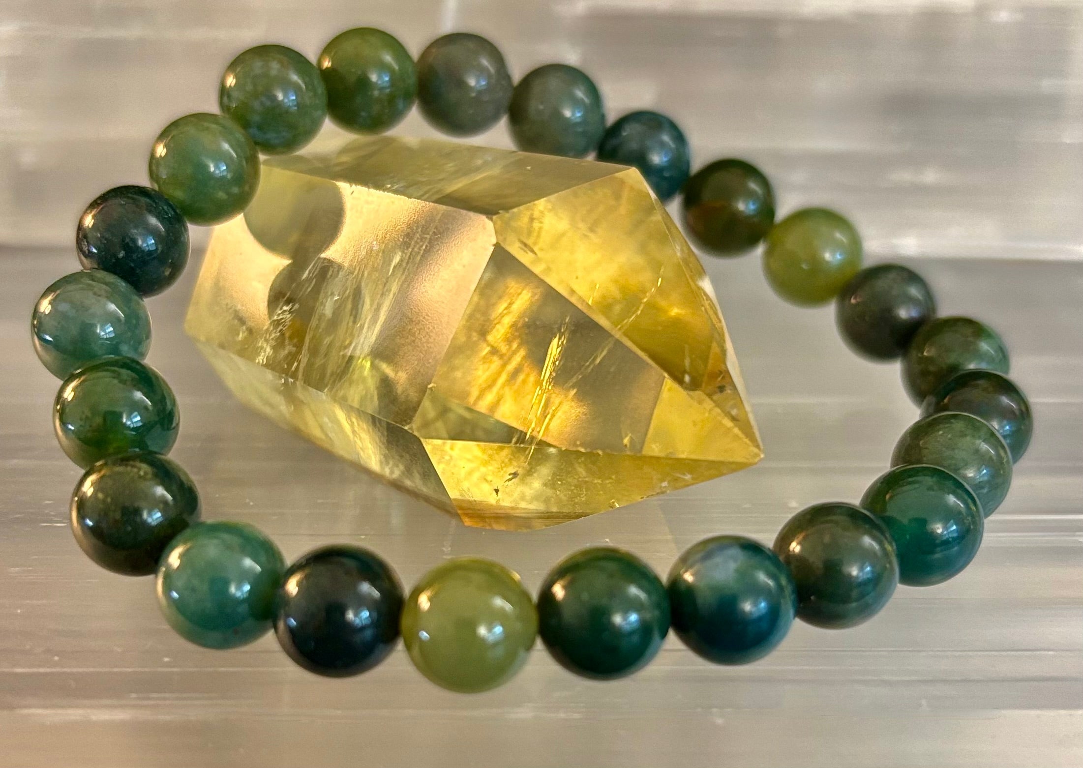 Natural Moss Agate Bracelet 8mm & 10mm – Reiki-Infused Growth, Abundance & Grounding Jewelry (Multiple Wrist Sizes)