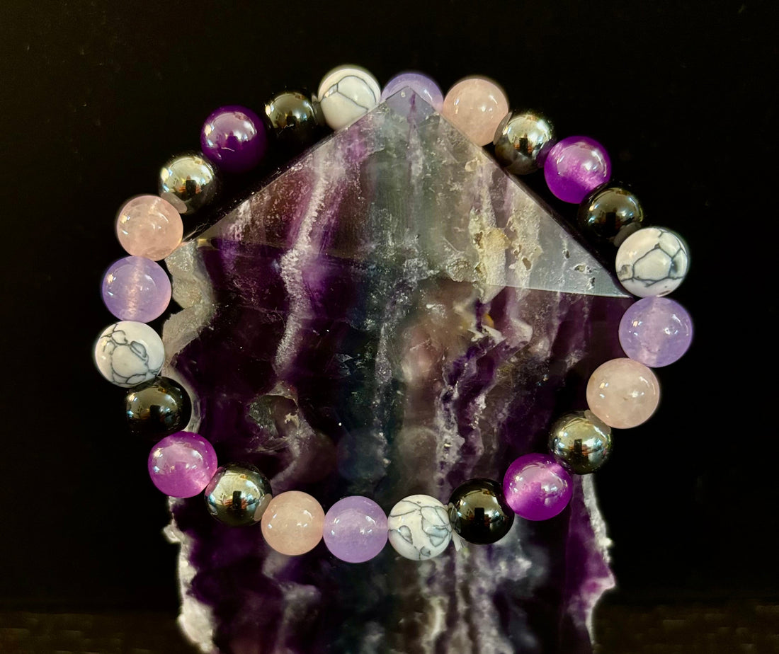 The Empaths Recharge Bracelet (amethyst, Clear Quartz, Rose Quartz, White Howlite, Black Tourmaline)