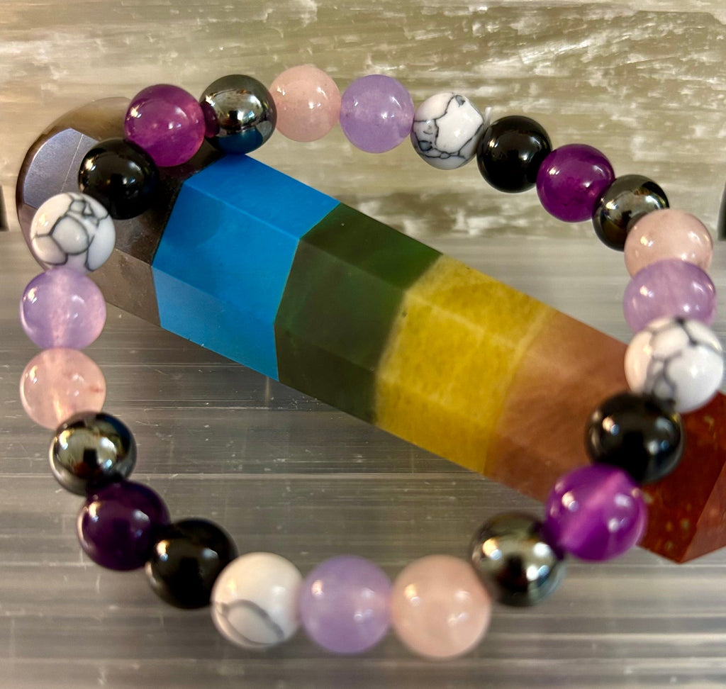The Empaths Recharge Bracelet (amethyst, Clear Quartz, Rose Quartz, White Howlite, Black Tourmaline)