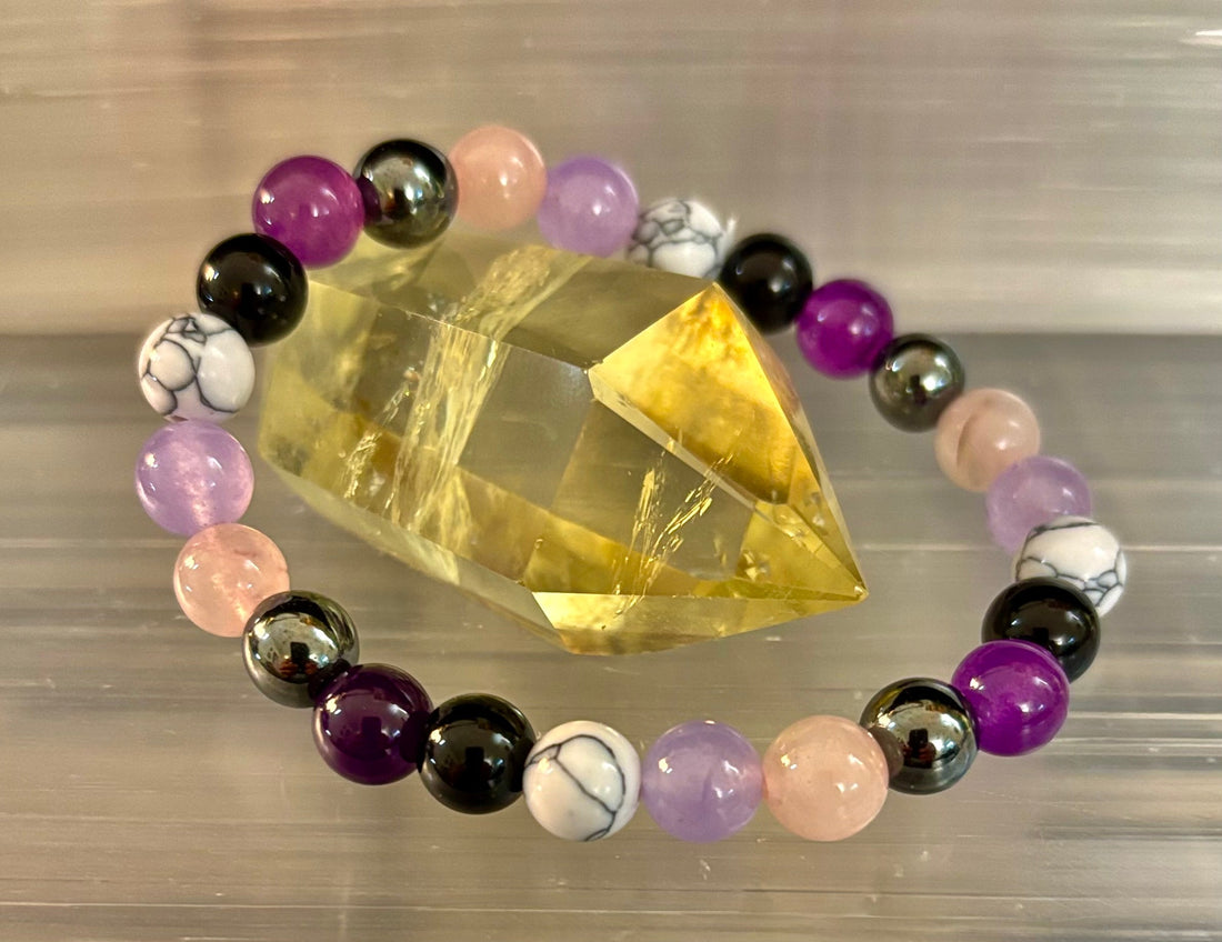 The Empaths Recharge Bracelet (amethyst, Clear Quartz, Rose Quartz, White Howlite, Black Tourmaline)