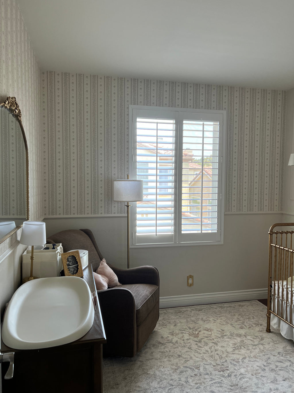 Lyla Striped Wallpaper in Burgundy, Blue, and Cream