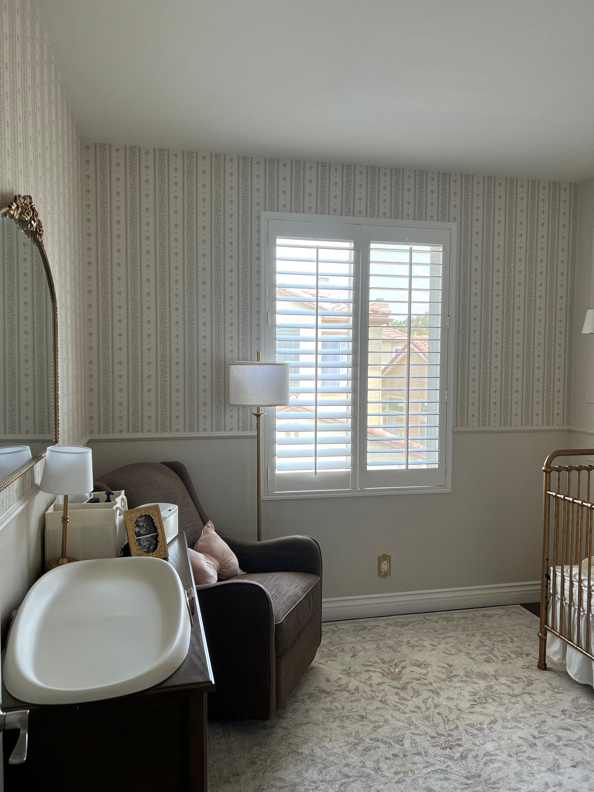 Lyla Striped Wallpaper in Burgundy, Blue, and Cream