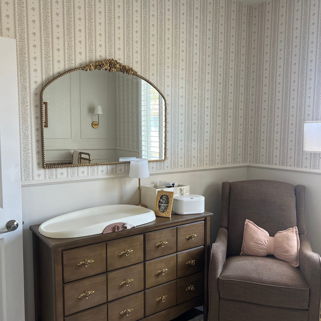 Lyla striped wallpaper featuring burgundy, white, blue, and cream colors in a traditional pattern.
