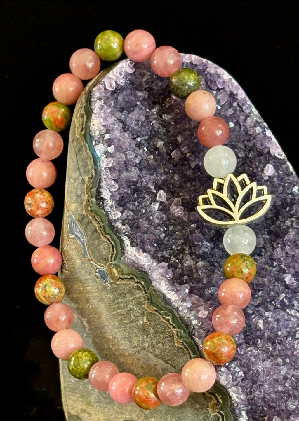 Chakra Healing Bracelet – Rose Quartz, Rhodonite & Unakite – 6mm Natural Stone Beads with Lotus Charm