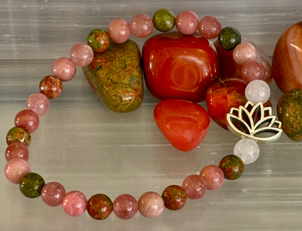 Chakra Healing Bracelet – Rose Quartz, Rhodonite & Unakite – 6mm Natural Stone Beads with Lotus Charm