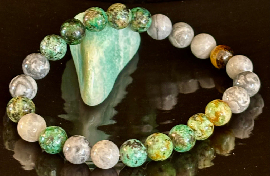 Tranquil Power Bracelet – African Turquoise, Tiger Eye & Map Stone (Large Wrists)