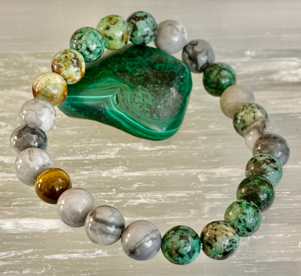Tranquil Power Bracelet – African Turquoise, Tiger Eye & Map Stone (Large Wrists)