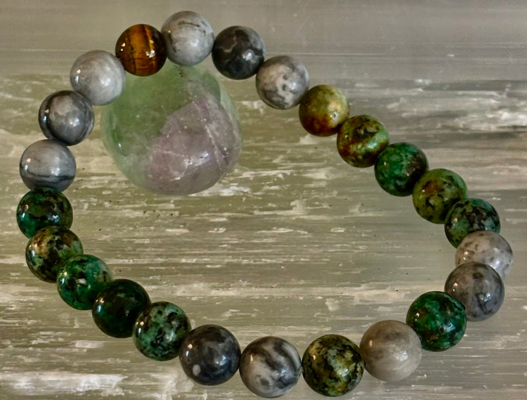 Tranquil Power Bracelet – African Turquoise, Tiger Eye & Map Stone (Large Wrists)