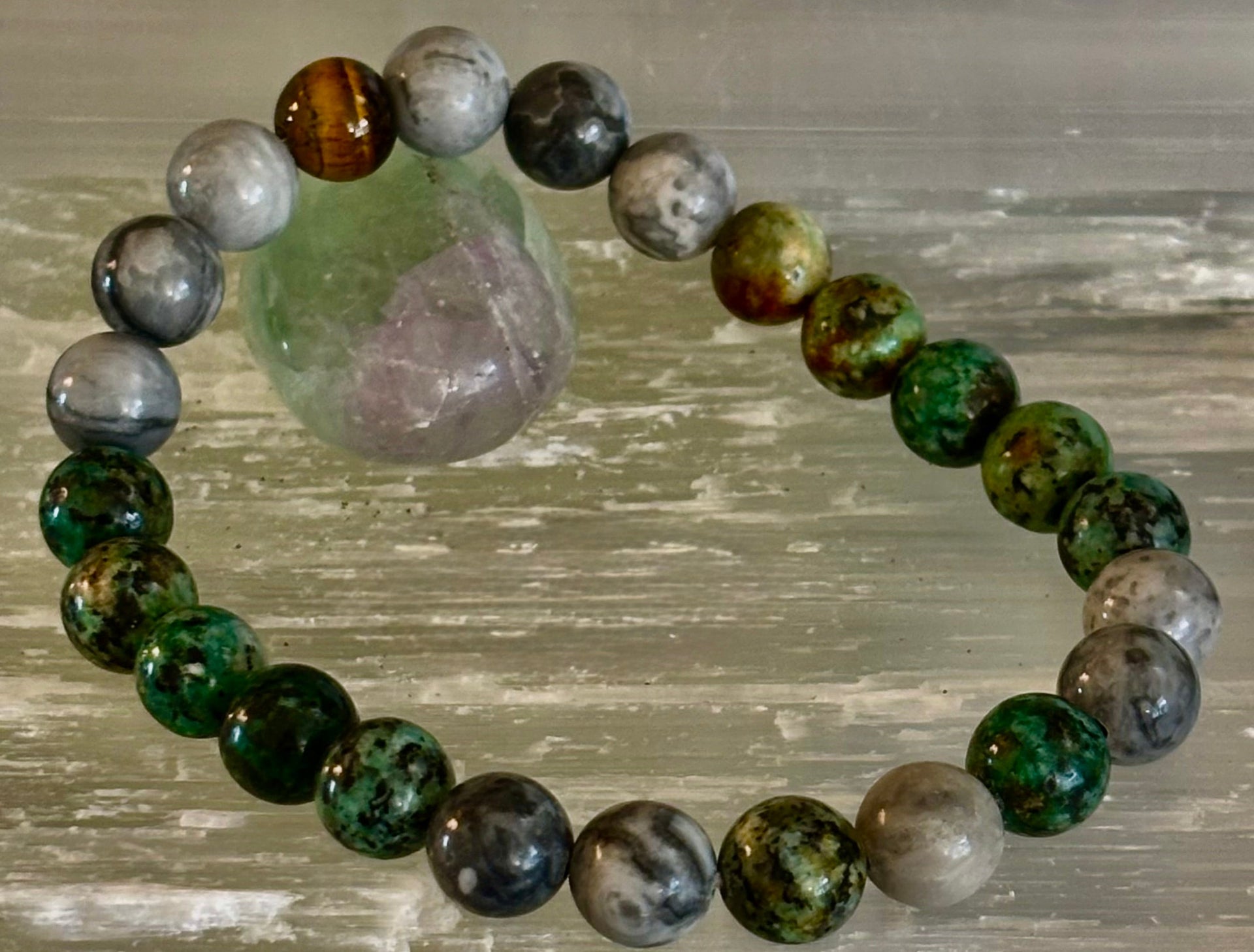 Tranquil Power Bracelet – African Turquoise, Tiger Eye & Map Stone (Large Wrists)
