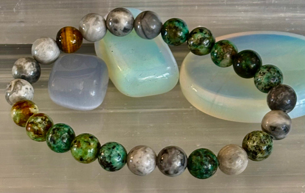 Tranquil Power Bracelet – African Turquoise, Tiger Eye & Map Stone (Large Wrists)