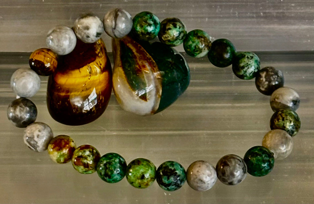 Tranquil Power Bracelet – African Turquoise, Tiger Eye & Map Stone (Large Wrists)