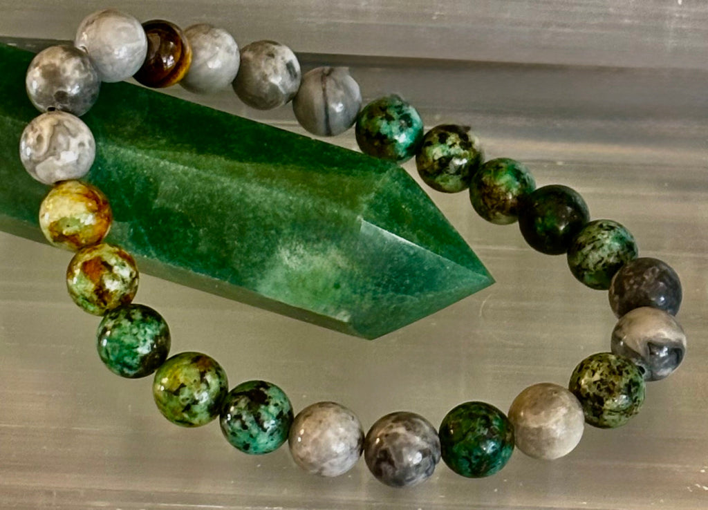 Tranquil Power Bracelet – African Turquoise, Tiger Eye & Map Stone (Large Wrists)