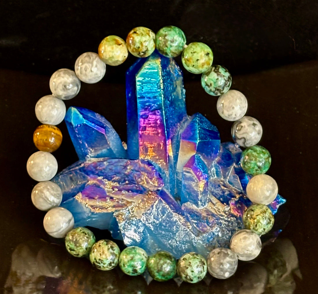 Tranquil Power Bracelet – African Turquoise, Tiger Eye & Map Stone (Large Wrists)