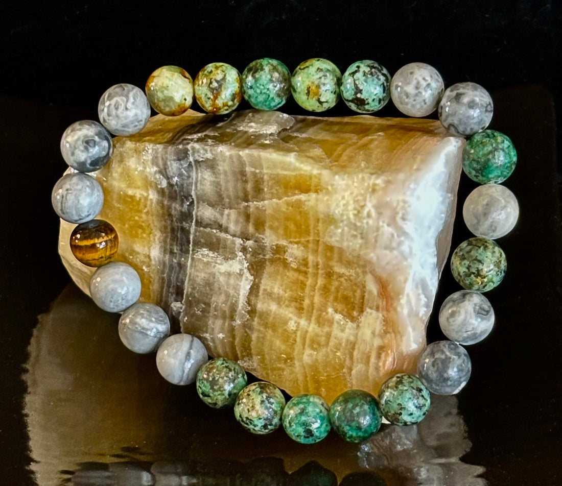 Tranquil Power Bracelet – African Turquoise, Tiger Eye & Map Stone (Large Wrists)