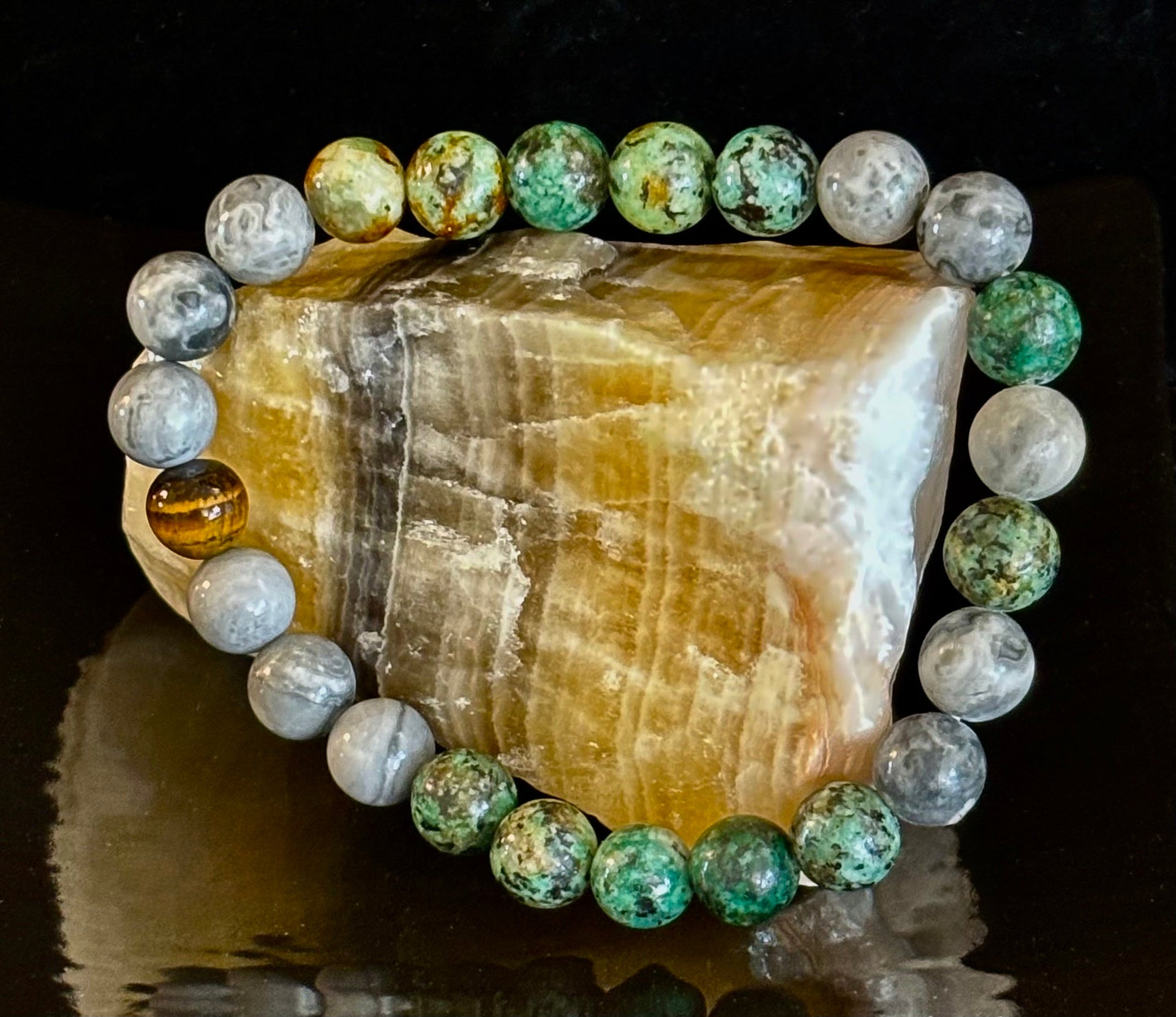 Tranquil Power Bracelet – African Turquoise, Tiger Eye & Map Stone (Large Wrists)