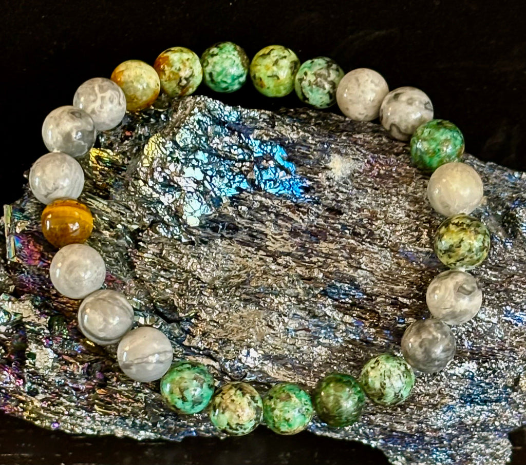 Tranquil Power Bracelet – African Turquoise, Tiger Eye & Map Stone (Large Wrists)
