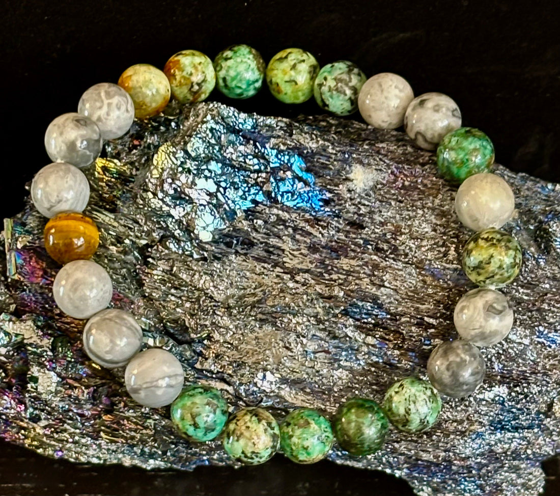 Tranquil Power Bracelet – African Turquoise, Tiger Eye & Map Stone (Large Wrists)