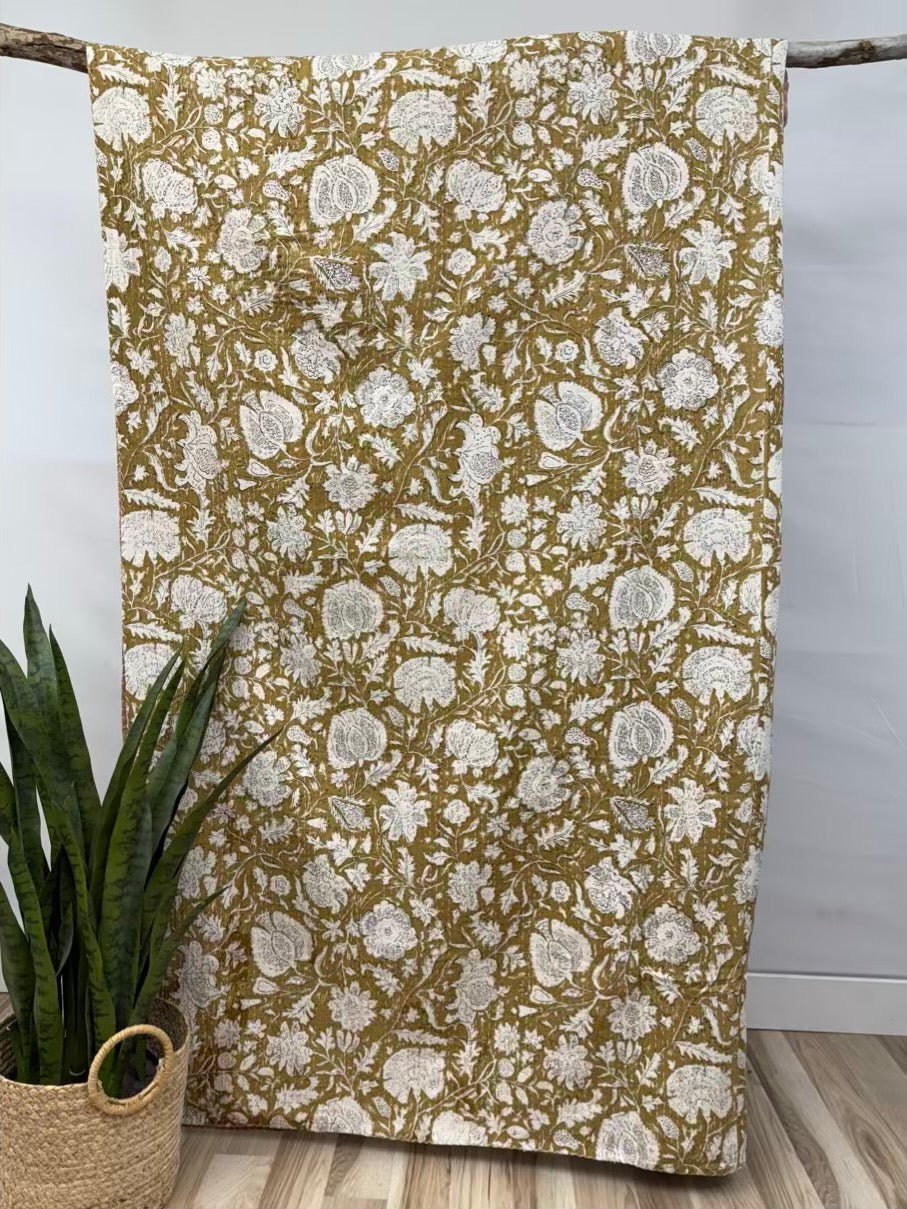 Yellow Heritage Blooms Hand Block Print Cotton Kantha Quilt - Image 2