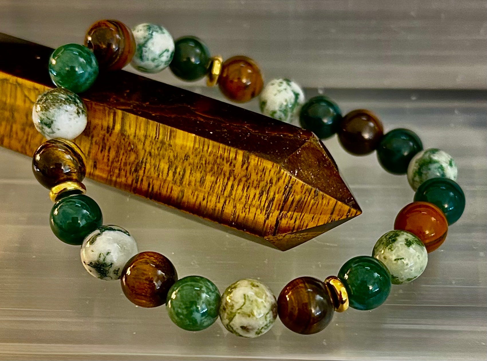 Moss Agate & Tiger Eye Gemstone Bracelet – 8mm Beads for Strength, Healing & Protection