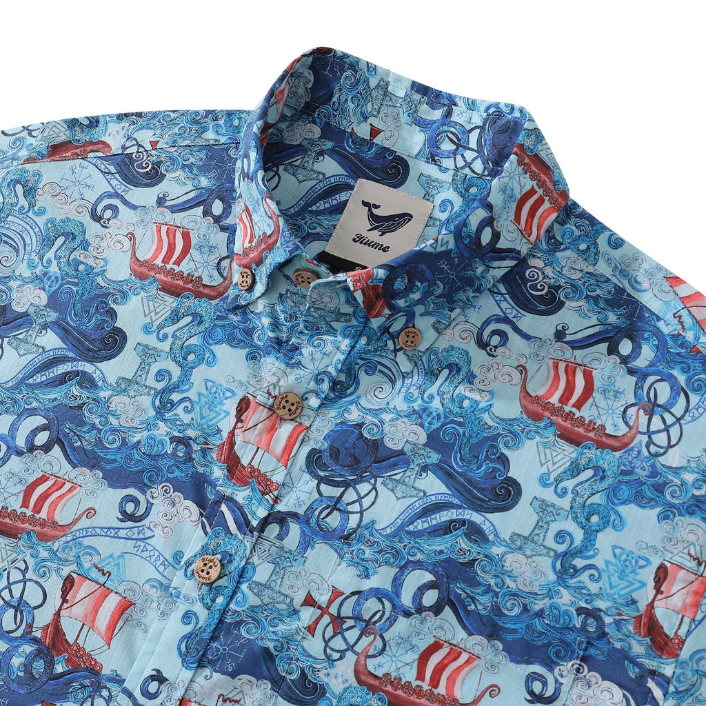 Men's Viking Print Hawaiian Shirt Short Sleeve Cotton Aloha Shirt