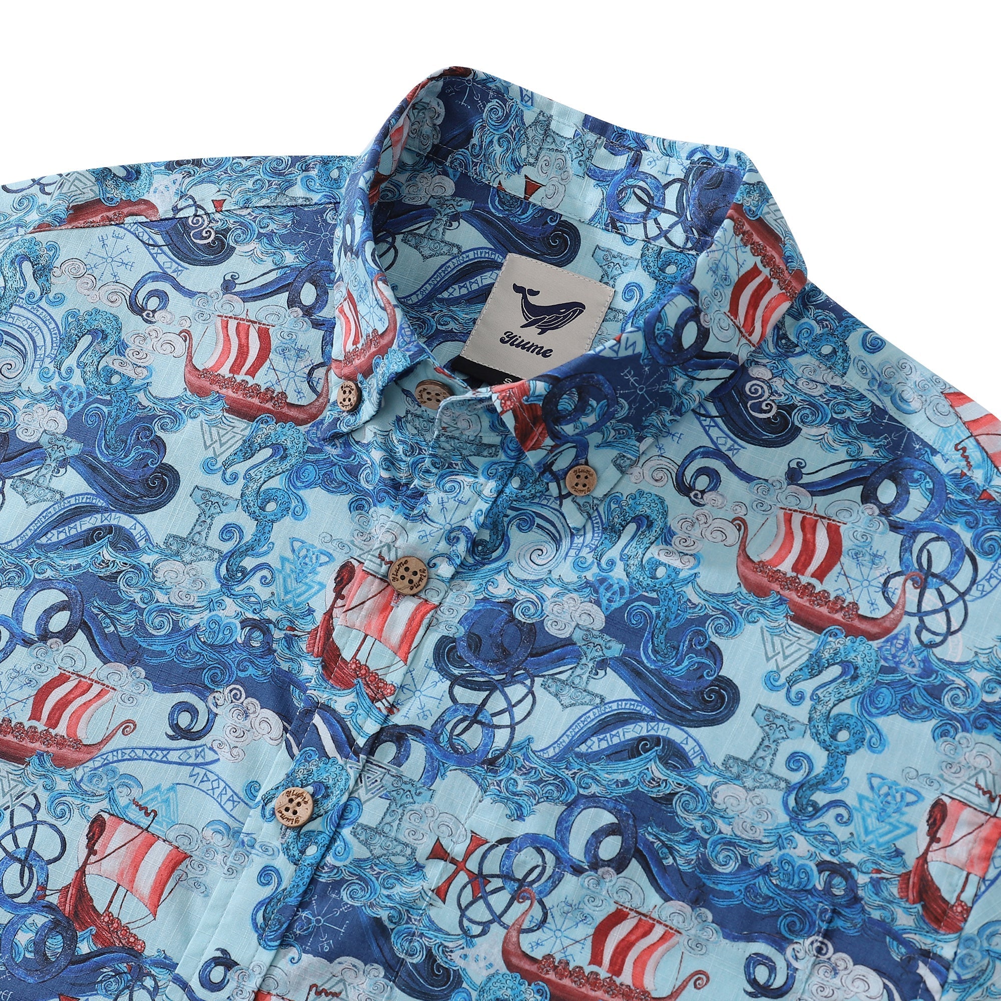 Men's Viking Print Hawaiian Shirt Short Sleeve Cotton Aloha Shirt