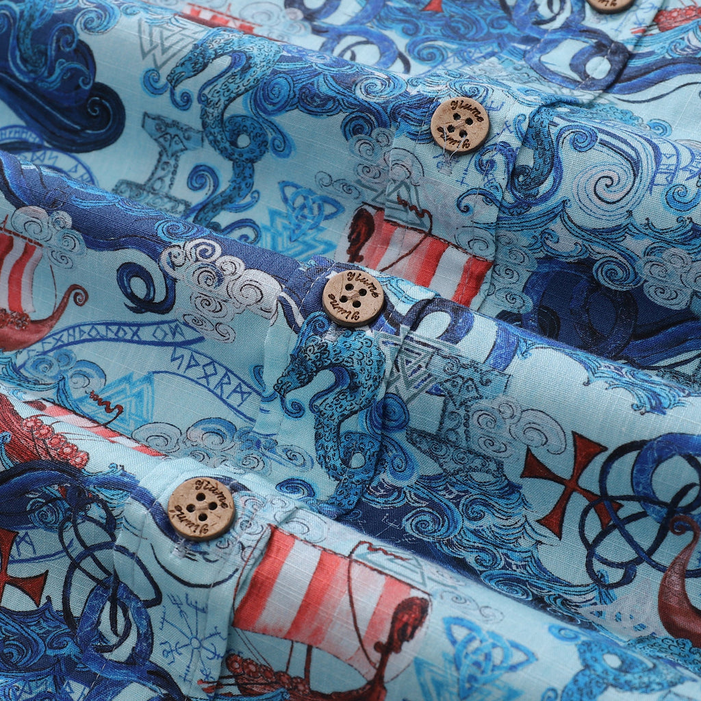 Men's Viking Print Hawaiian Shirt Short Sleeve Cotton Aloha Shirt