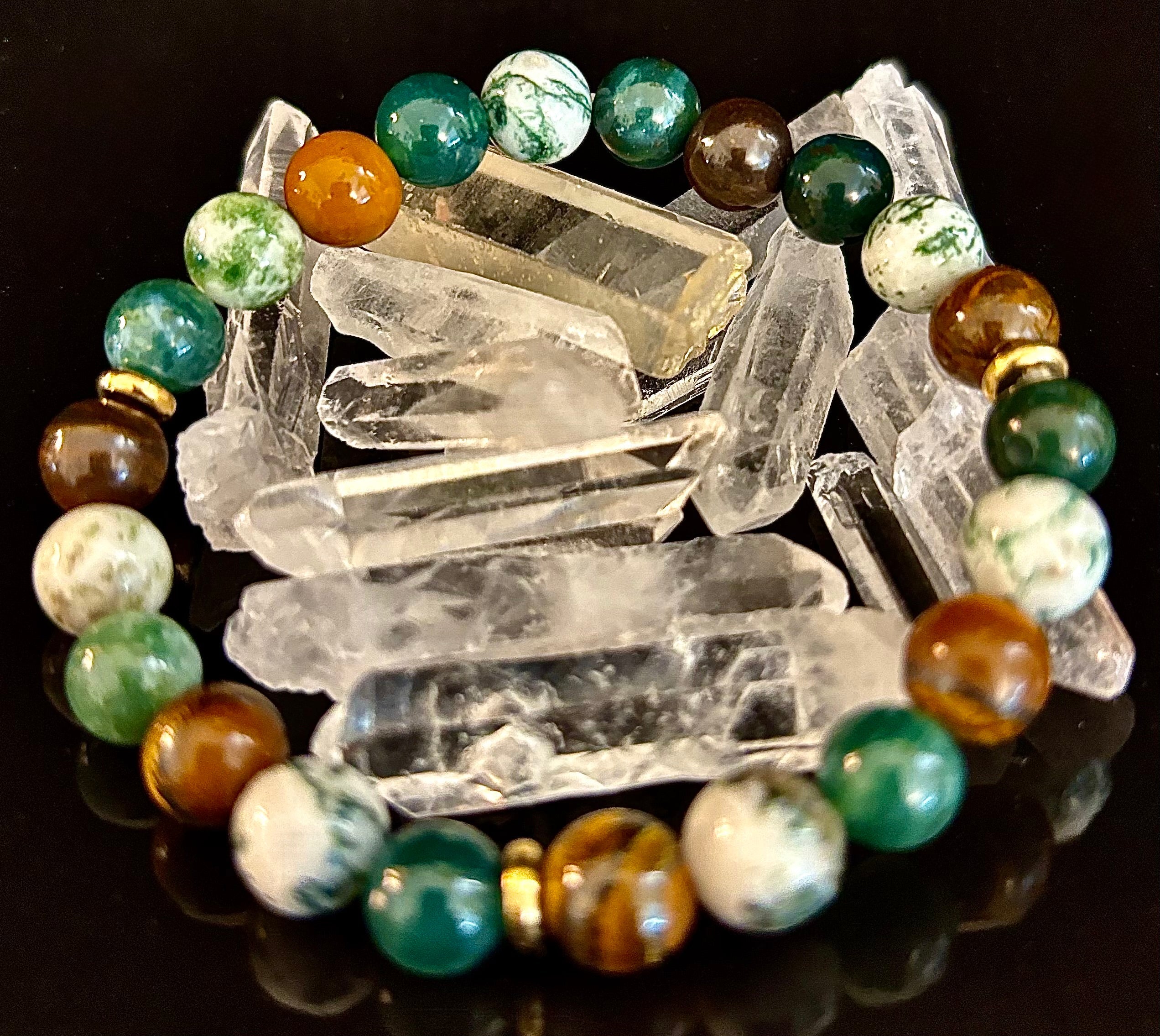 Moss Agate & Tiger Eye Gemstone Bracelet – 8mm Beads for Strength, Healing & Protection