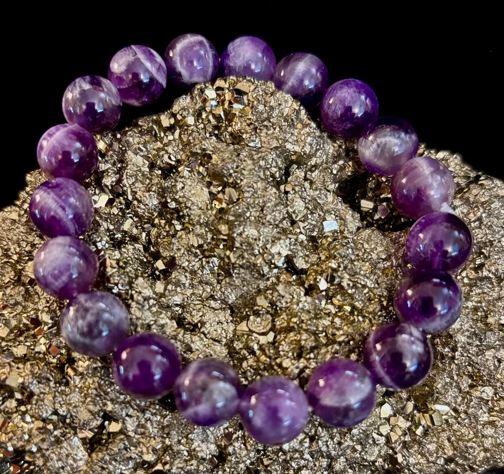 Reiki-Infused Genuine Chevron Amethyst Bracelet for Intuition, Spiritual Protection & Inner Peace (8mm & 10mm)
