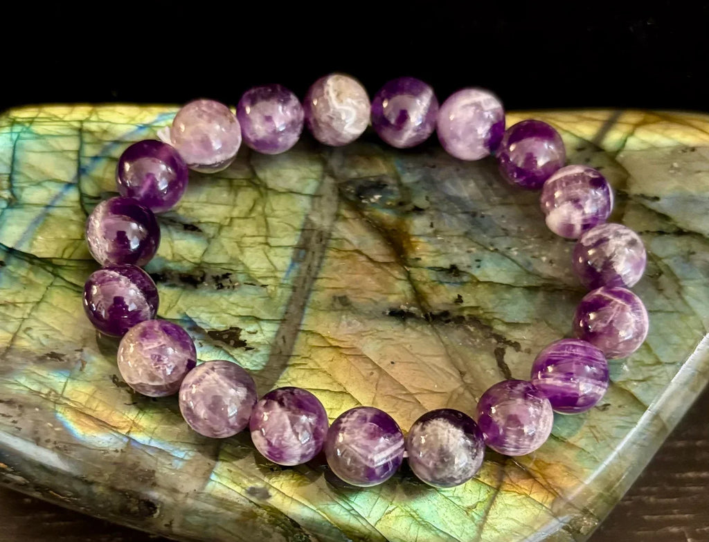Reiki-Infused Genuine Chevron Amethyst Bracelet for Intuition, Spiritual Protection & Inner Peace (8mm & 10mm)