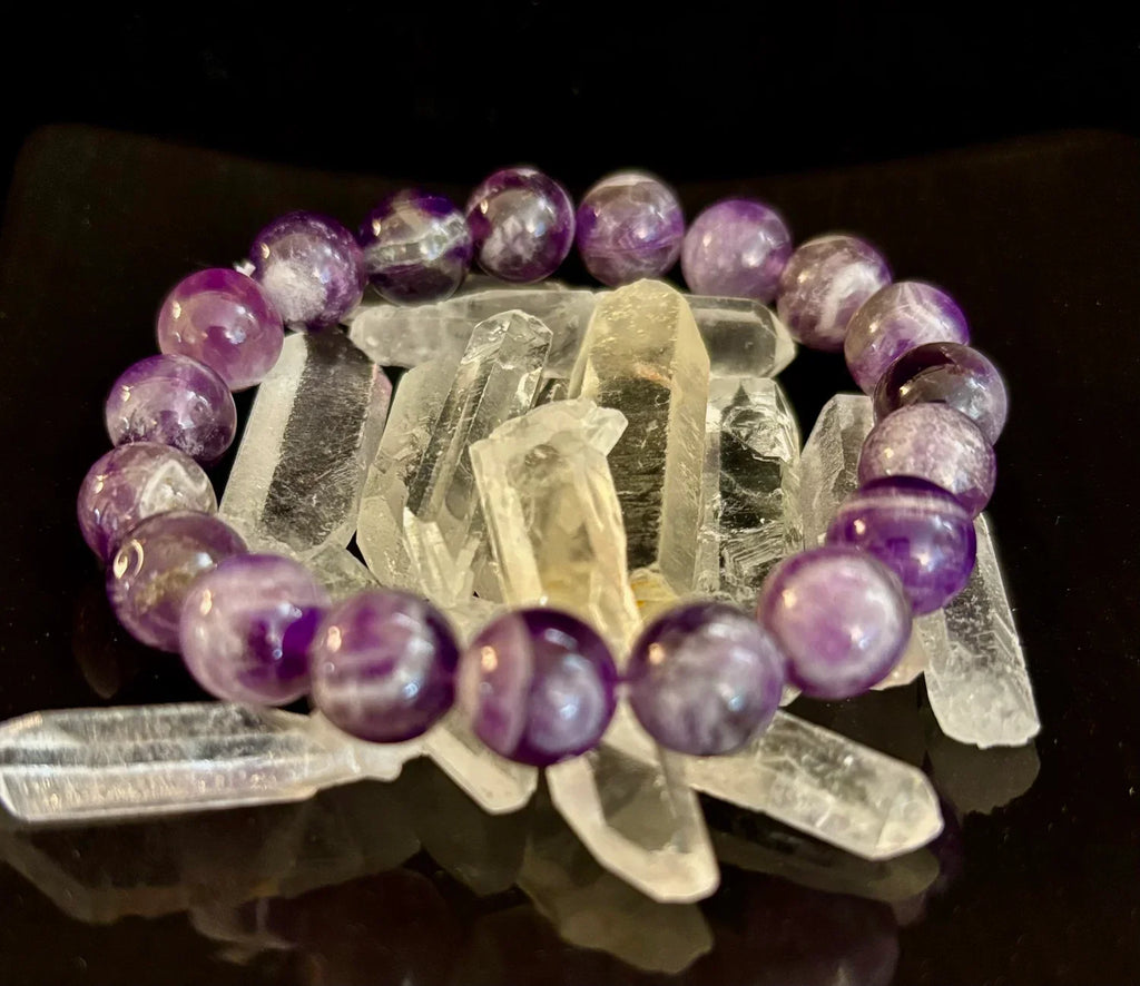 Reiki-Infused Genuine Chevron Amethyst Bracelet for Intuition, Spiritual Protection & Inner Peace (8mm & 10mm)