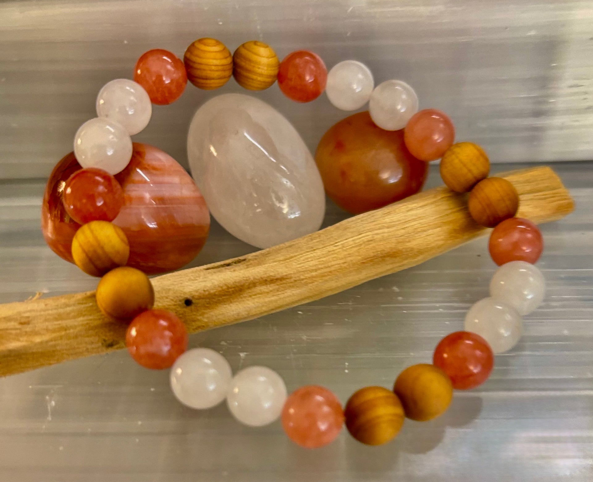 White Witch Intuition and Aura Cleansing Bracelet made of Palo Santo wood, Selenite, and Smoky Quartz beads