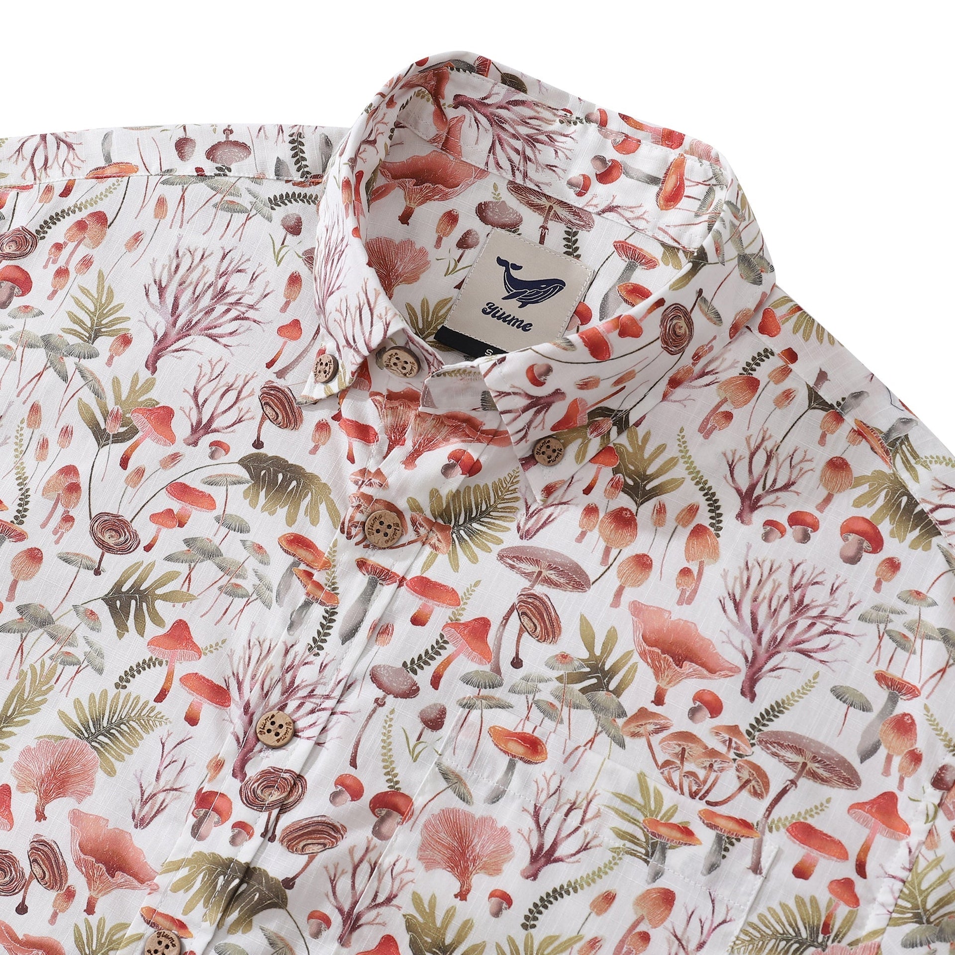 Men's Mushroom Print Hawaiian Short Sleeve Cotton Button-Down Shirt