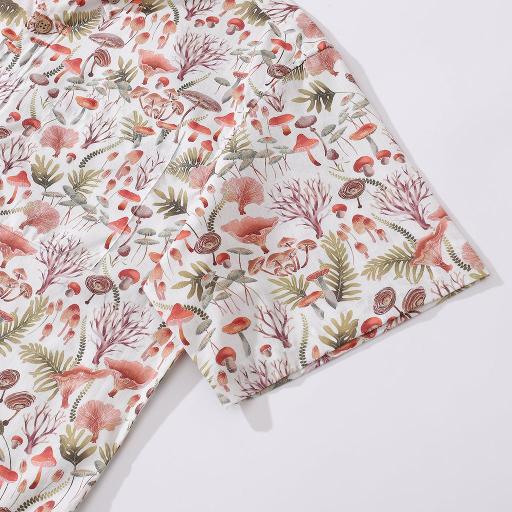 Men's Mushroom Print Hawaiian Short Sleeve Cotton Button-Down Shirt