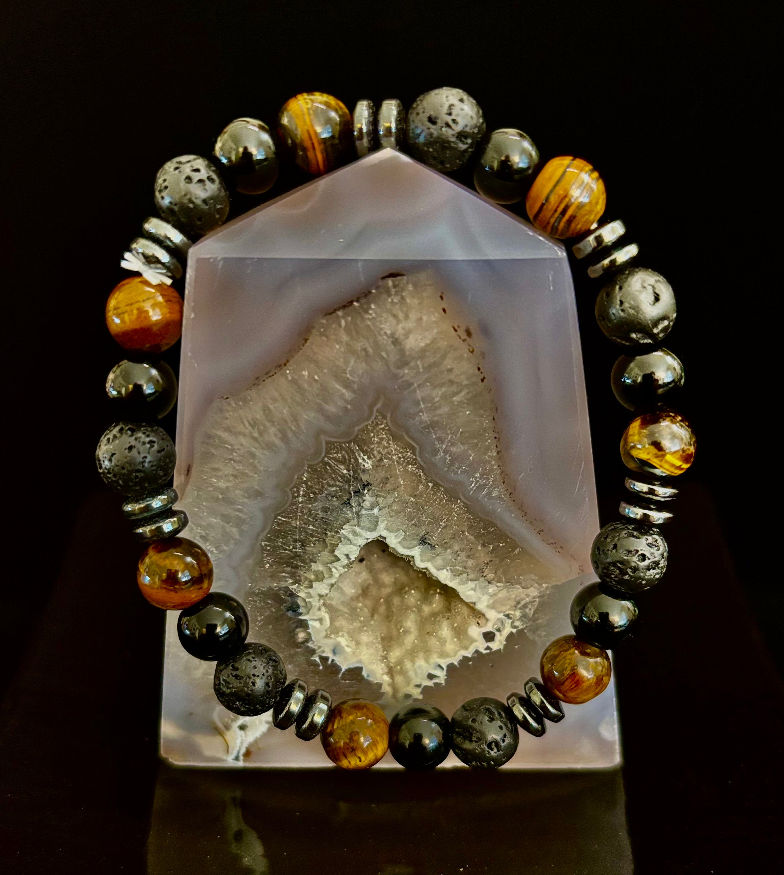 Men's Energy Bracelet – Tiger Eye, Black Onyx & Lava Rock with Black Metal Spacers (Fits Large Wrists)