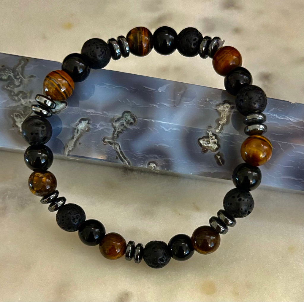Men's Energy Bracelet – Tiger Eye, Black Onyx & Lava Rock with Black Metal Spacers (Fits Large Wrists)