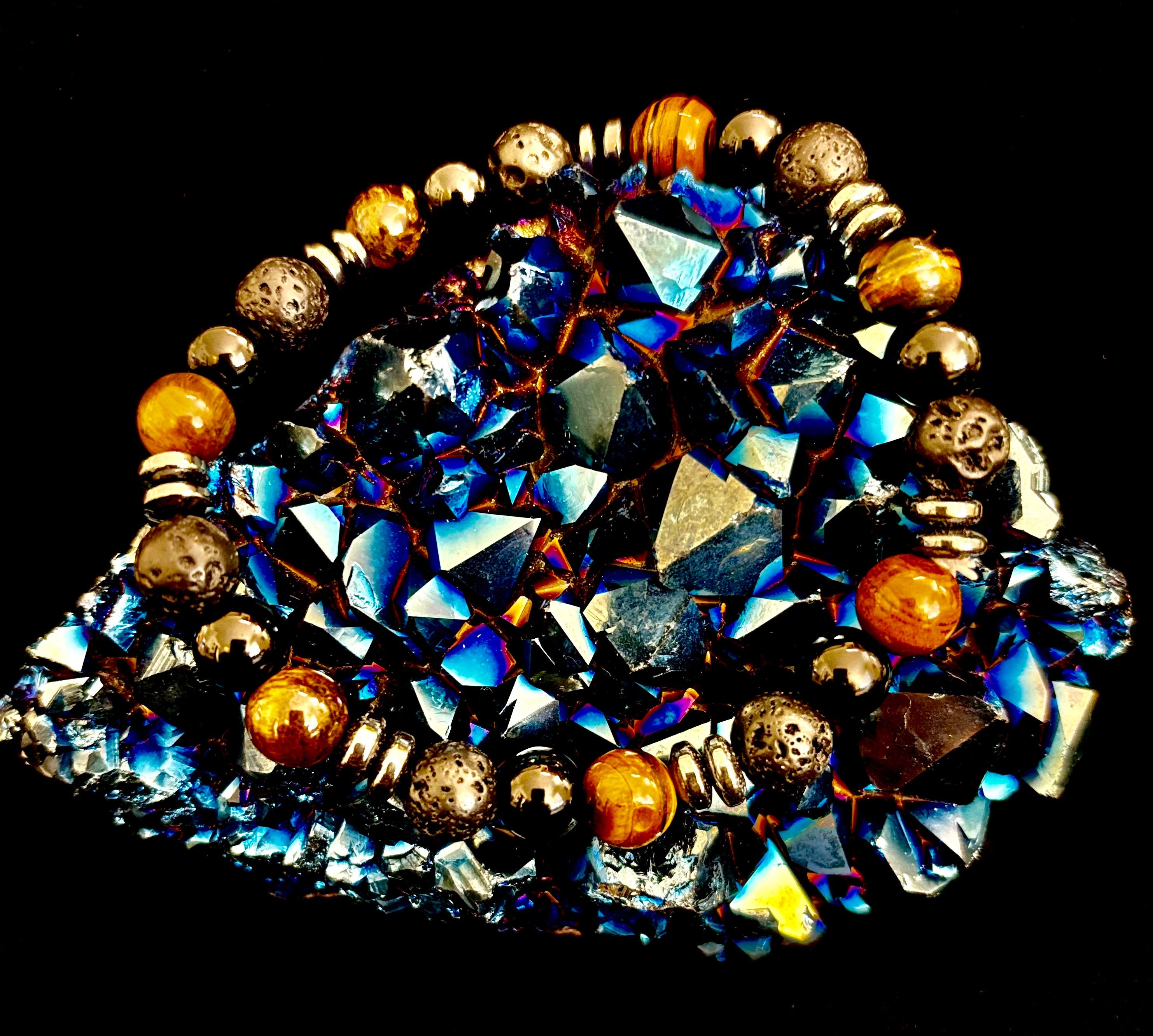 Men's Energy Bracelet – Tiger Eye, Black Onyx & Lava Rock with Black Metal Spacers (Fits Large Wrists)