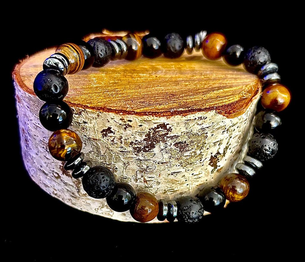 Men's Energy Bracelet – Tiger Eye, Black Onyx & Lava Rock with Black Metal Spacers (Fits Large Wrists)