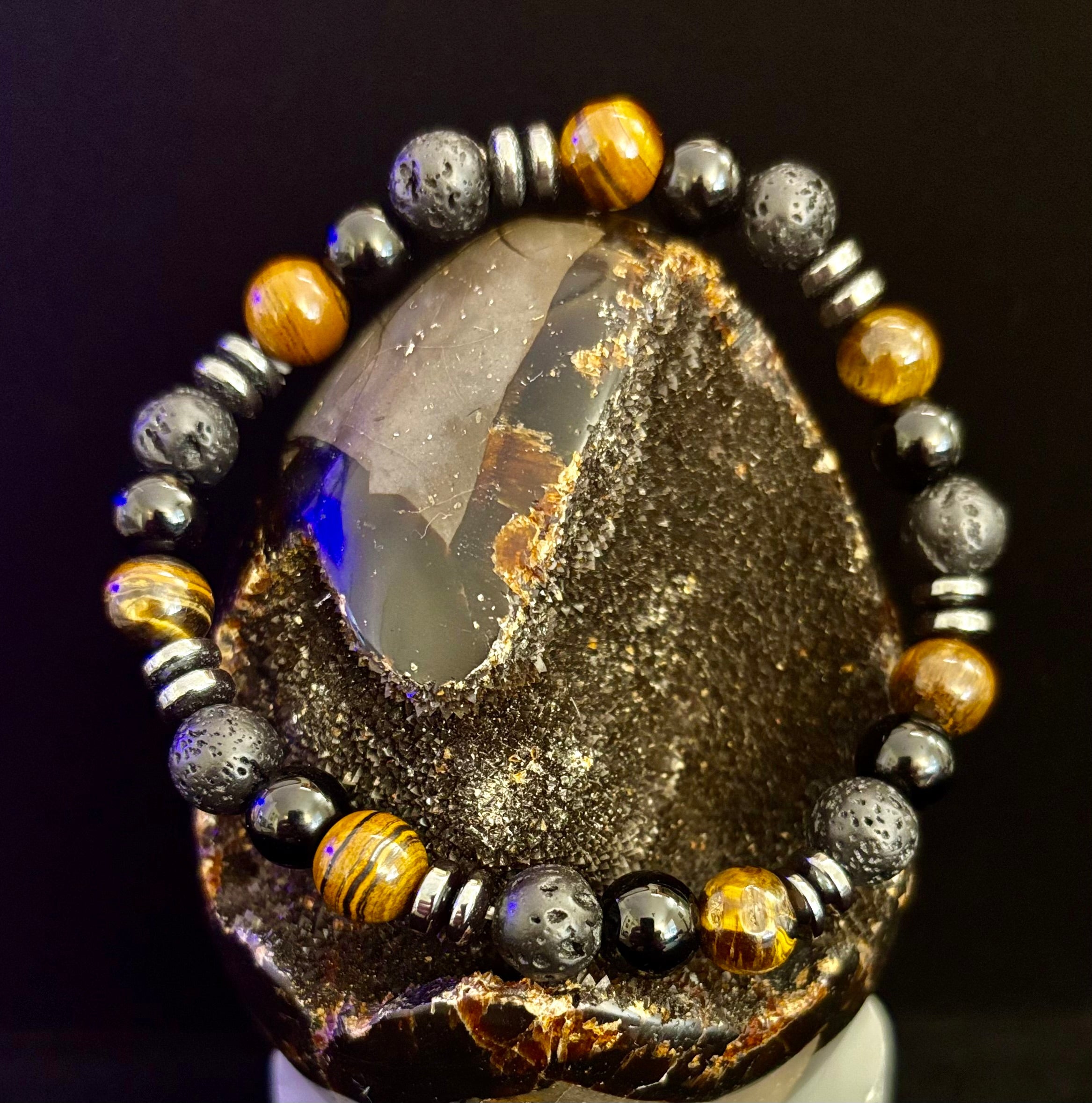 Men's Energy Bracelet – Tiger Eye, Black Onyx & Lava Rock with Black Metal Spacers (Fits Large Wrists)