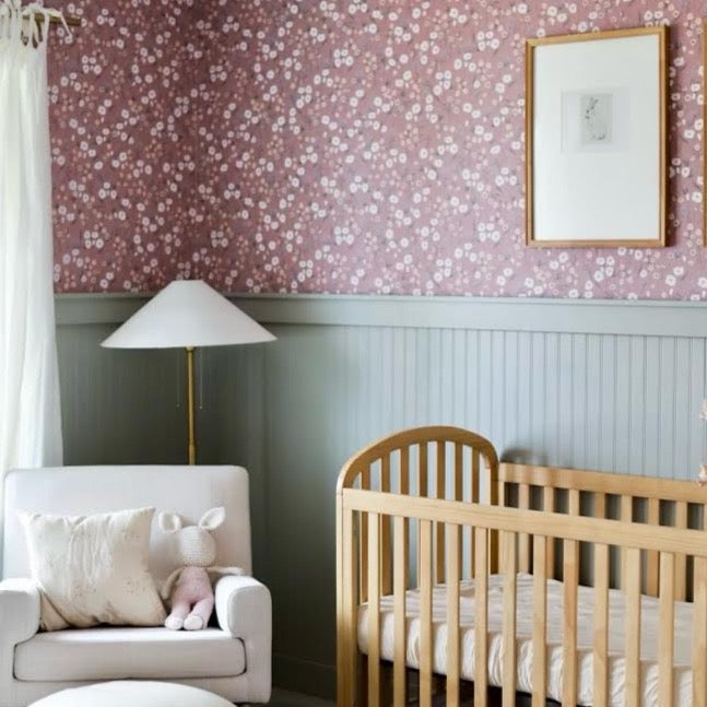 Elena floral wallpaper design in dusty-rose and white tones